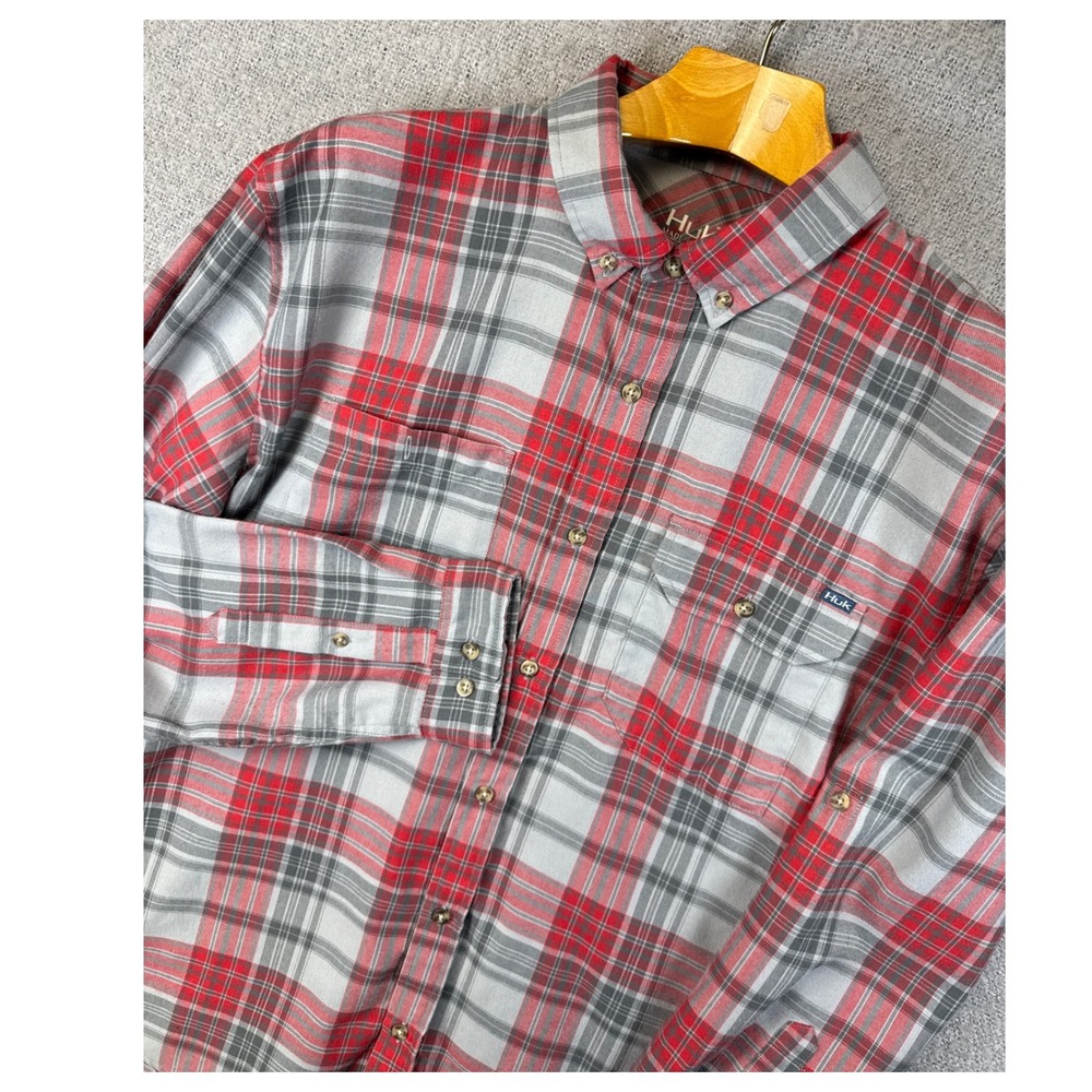 Huk Fishing Plaid Shirt Mens Size L Rollup Long‎ Sleeve Button Down Red Outdoors